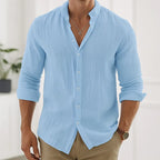 Leo |  Gossamer Linen Band Collar Shirt with Tonal Button Detail – Lightweight Elevated Essential 5