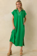 Women's Let It Play Out Green Knit Contrast Detail V-Neck Short Sleeve Midi Dress | 50% Rayon 0