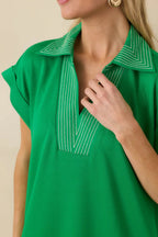 Women's Let It Play Out Green Knit Contrast Detail V-Neck Short Sleeve Midi Dress | 50% Rayon 1
