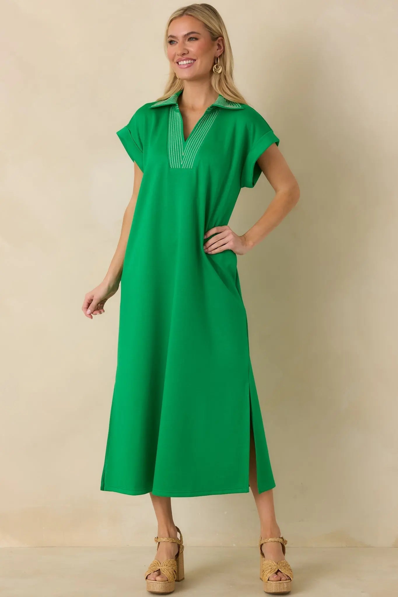 Women's Let It Play Out Green Knit Contrast Detail V-Neck Short Sleeve Midi Dress | 50% Rayon 2
