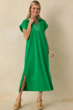 Women's Let It Play Out Green Knit Contrast Detail V-Neck Short Sleeve Midi Dress | 50% Rayon 5