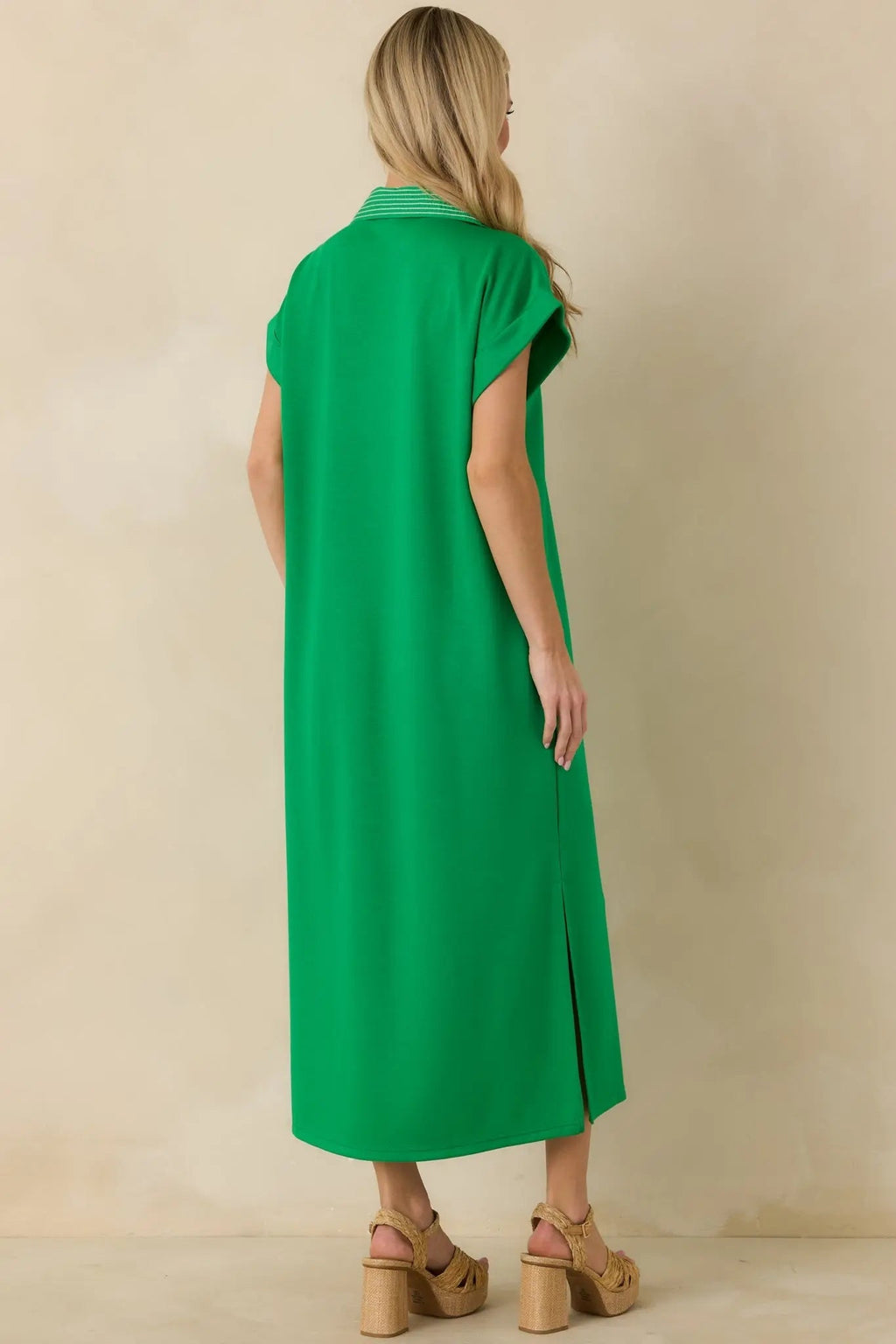 Women's Let It Play Out Green Knit Contrast Detail V-Neck Short Sleeve Midi Dress | 50% Rayon 6