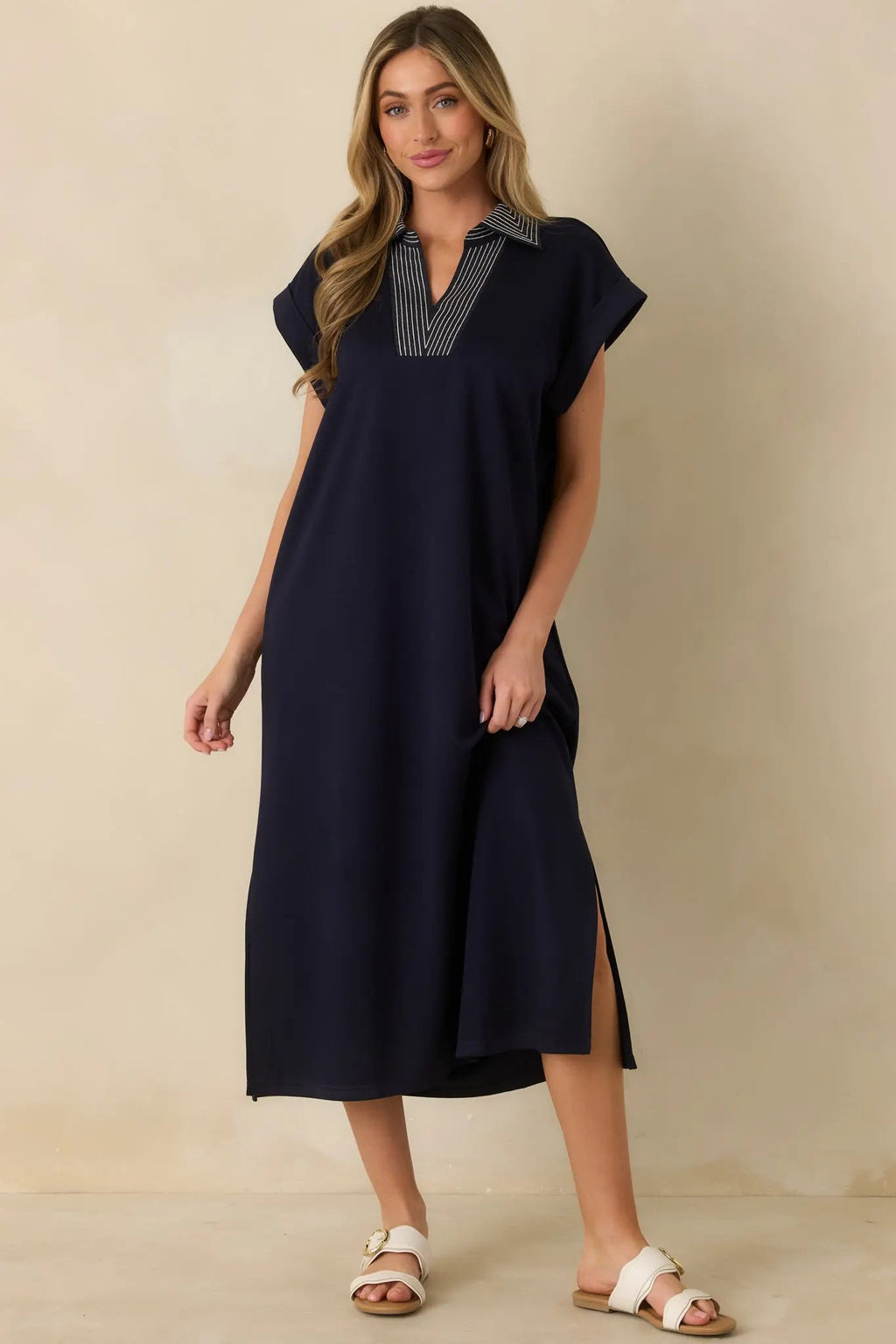 Women's Let It Play Out Navy Knit Contrast Detail V-Neck Short Sleeve Midi Dress | 50% Rayon 0