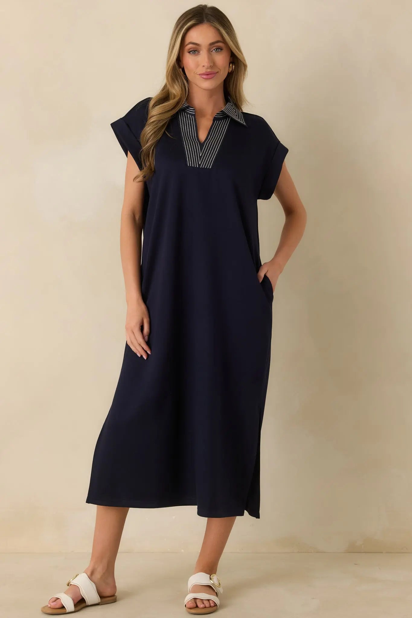 Women's Let It Play Out Navy Knit Contrast Detail V-Neck Short Sleeve Midi Dress | 50% Rayon 1