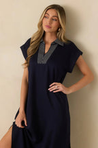 Women's Let It Play Out Navy Knit Contrast Detail V-Neck Short Sleeve Midi Dress | 50% Rayon 2