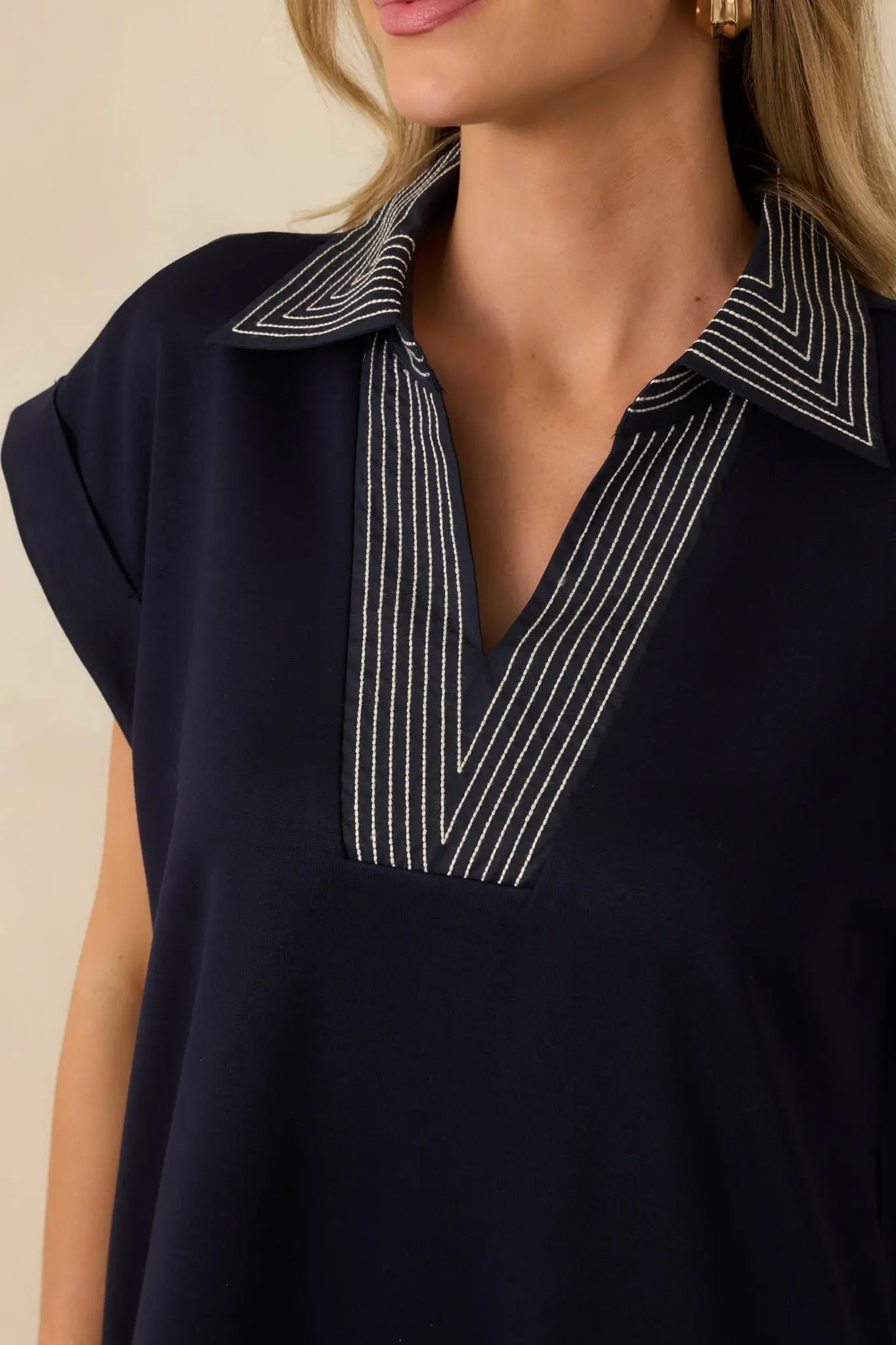 Women's Let It Play Out Navy Knit Contrast Detail V-Neck Short Sleeve Midi Dress | 50% Rayon 3