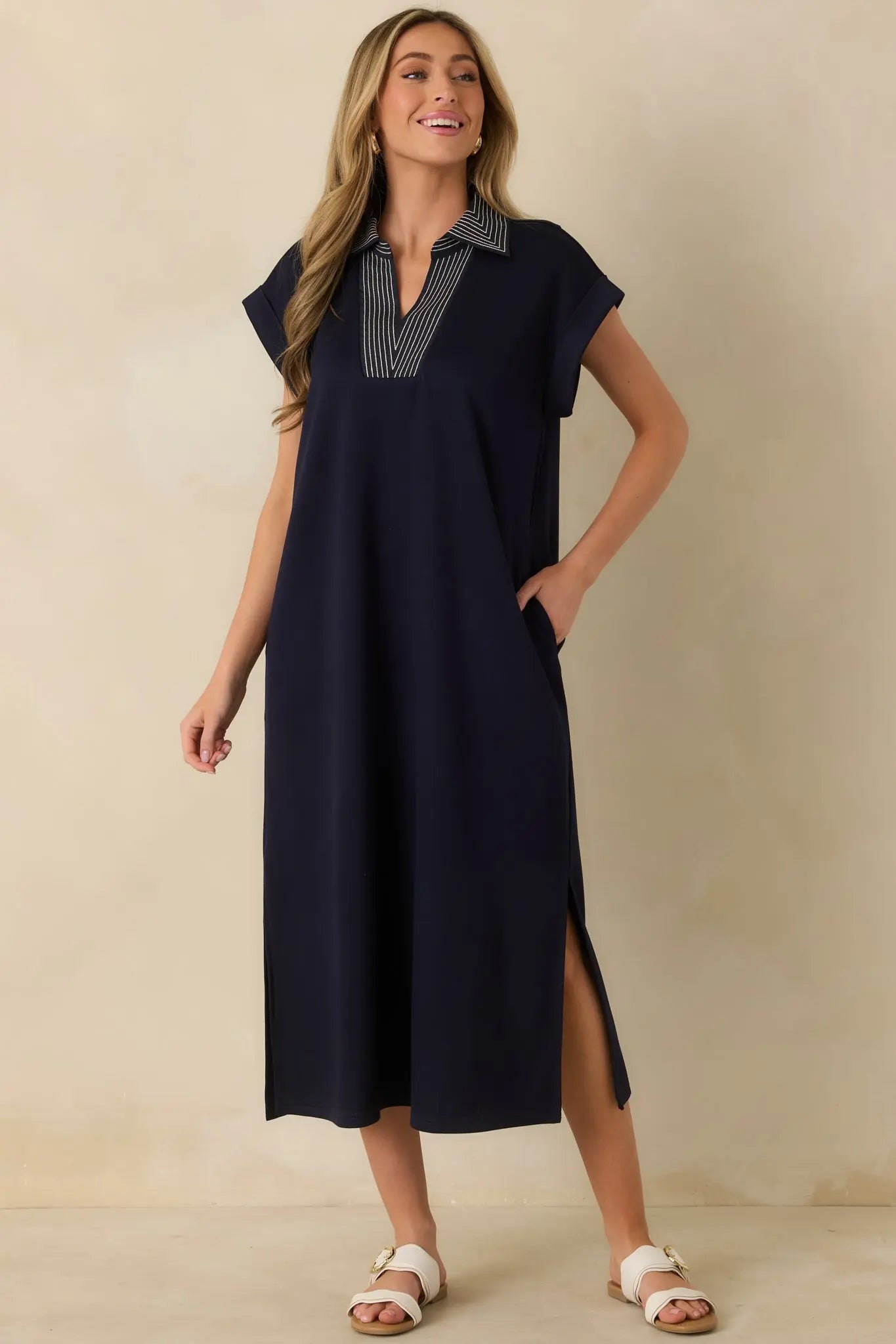 Women's Let It Play Out Navy Knit Contrast Detail V-Neck Short Sleeve Midi Dress | 50% Rayon 4