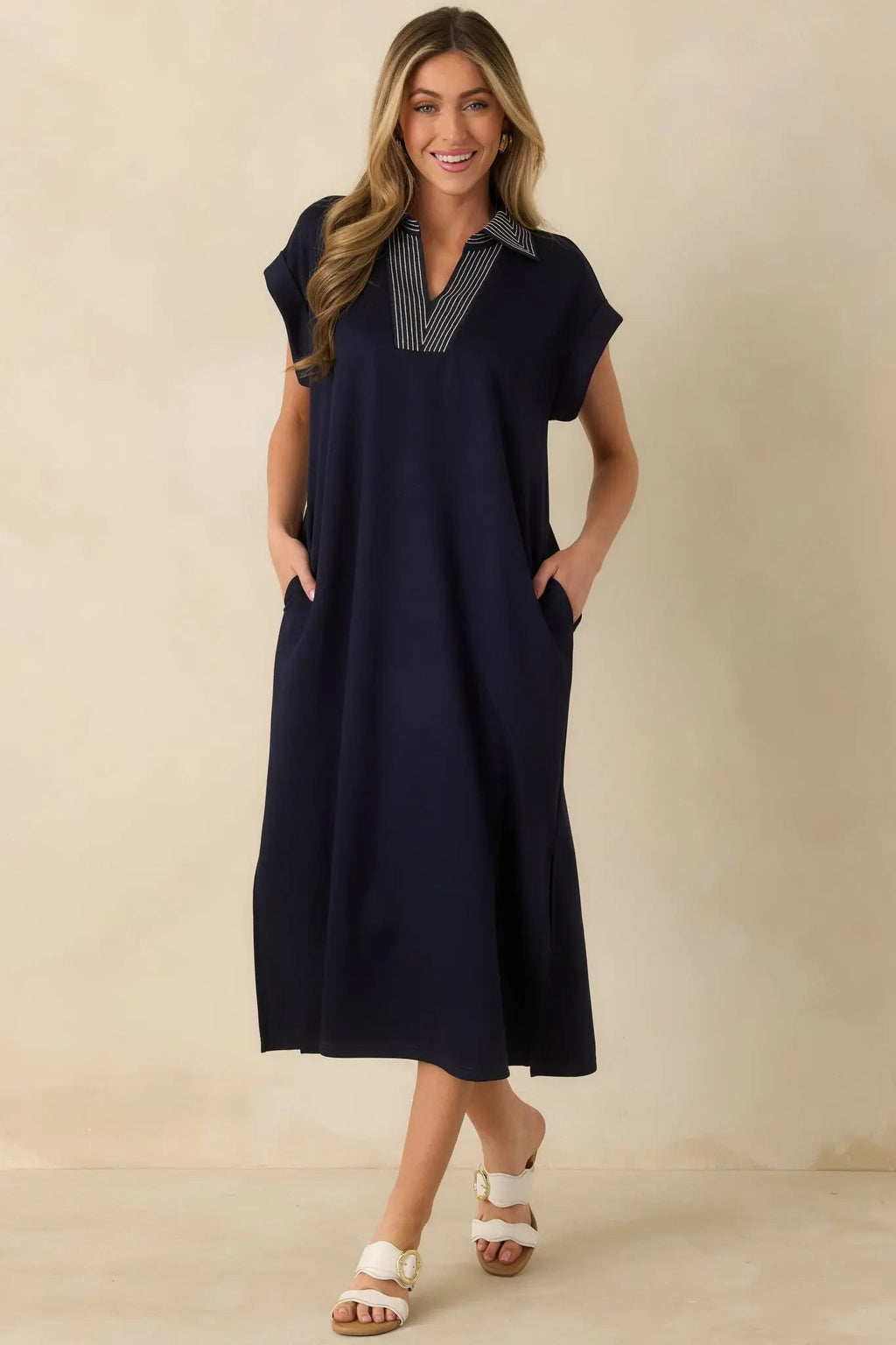 Women's Let It Play Out Navy Knit Contrast Detail V-Neck Short Sleeve Midi Dress | 50% Rayon 5
