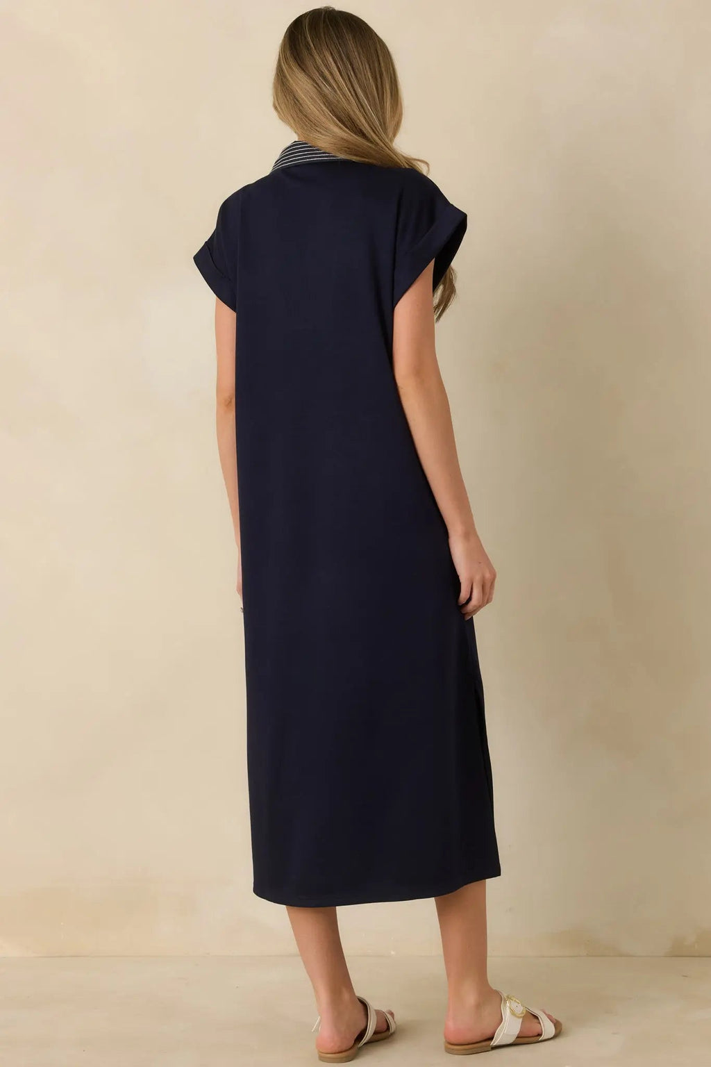 Women's Let It Play Out Navy Knit Contrast Detail V-Neck Short Sleeve Midi Dress | 50% Rayon 6