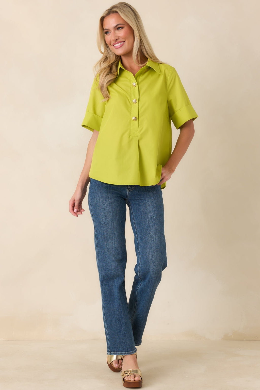 Women's Let's Get It Done Chartreuse Green Boxy Collared Blouse | 80% Polyester & 20% Cotton 2