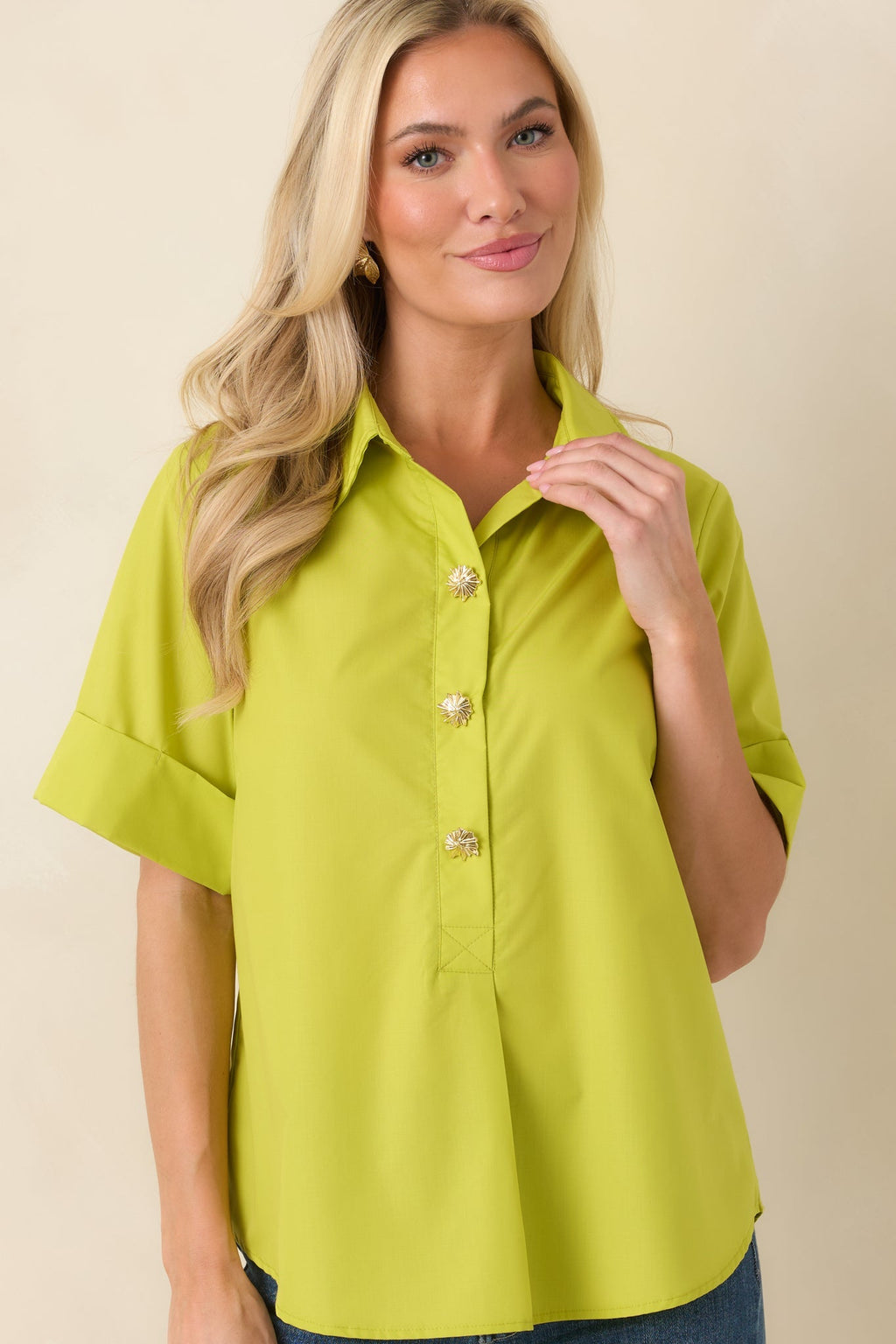 Women's Let's Get It Done Chartreuse Green Boxy Collared Blouse | 80% Polyester & 20% Cotton 5