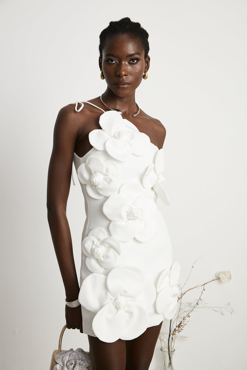 Women's White Cocktail Dress with Asymmetrical Design – Elegant...