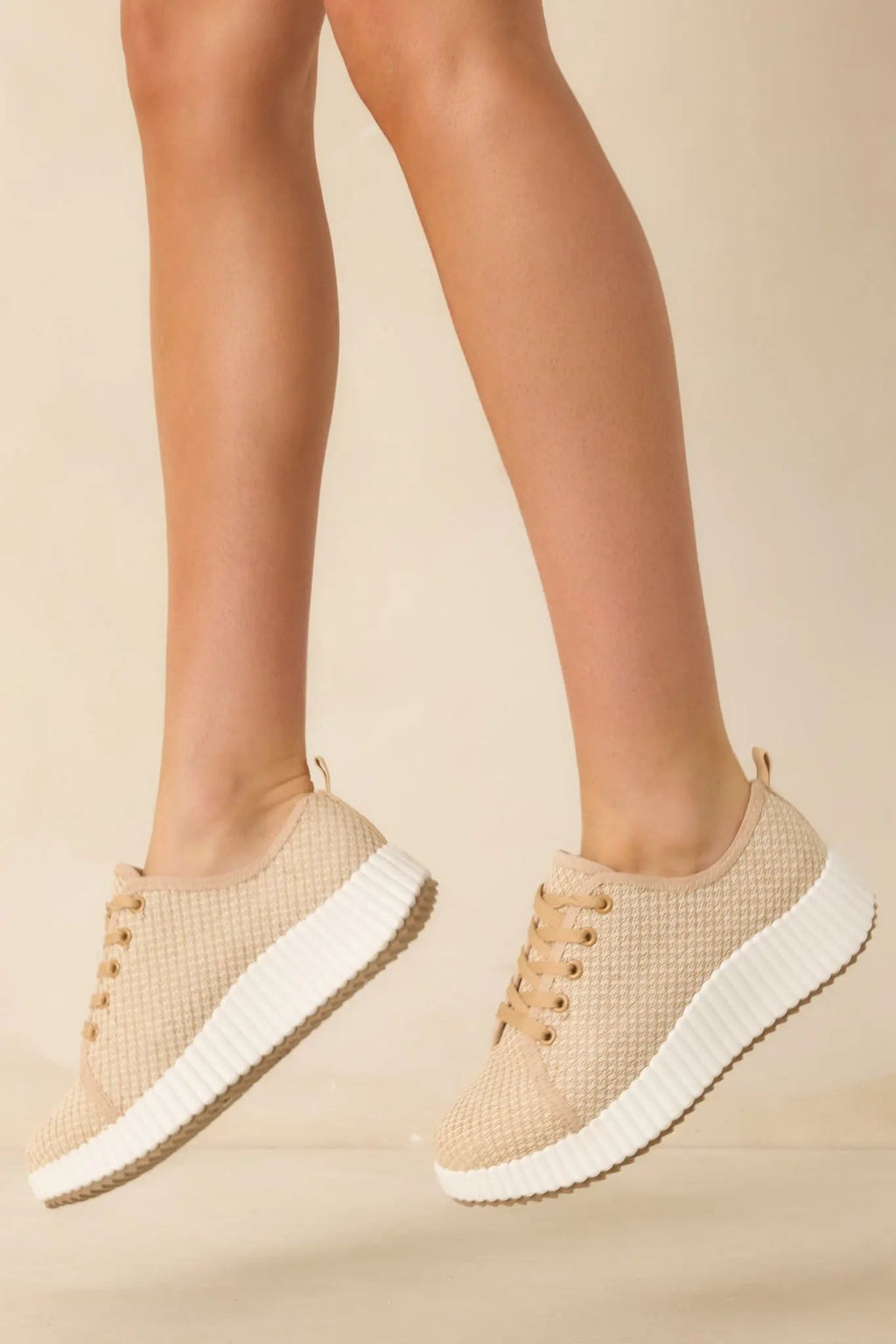 Women's Life In The Fast Lane Tan Woven Platform Sneakers | Sole measures 2" 1