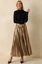 Women's Light the Night Bronze Metallic Pleated Maxi Skirt | 95% Polyester & 5% Spandex 4