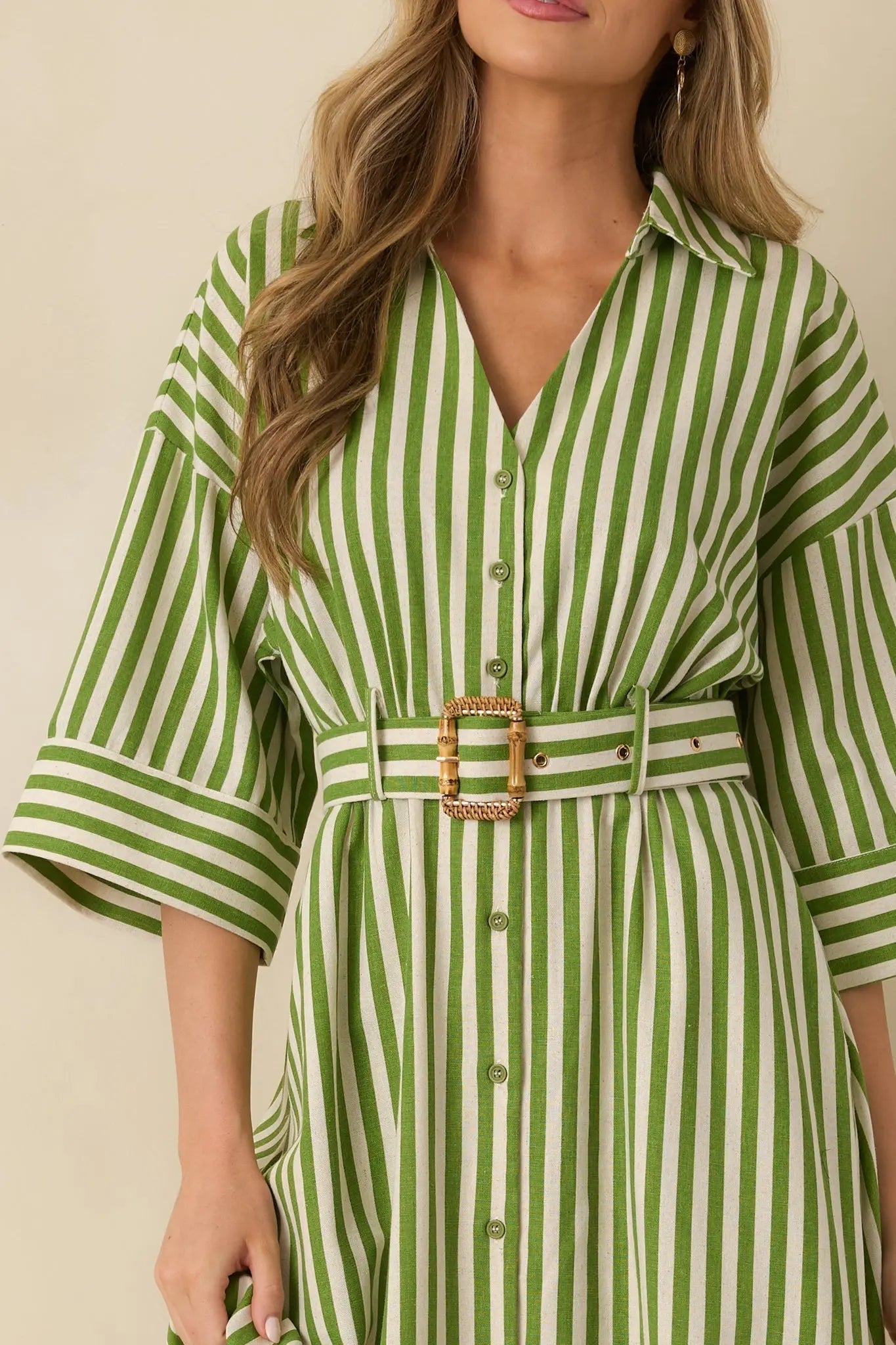 Women's Lighthearted Days Green Stripe Belted Button Front Maxi Shirt Dress | 40% Linen 1