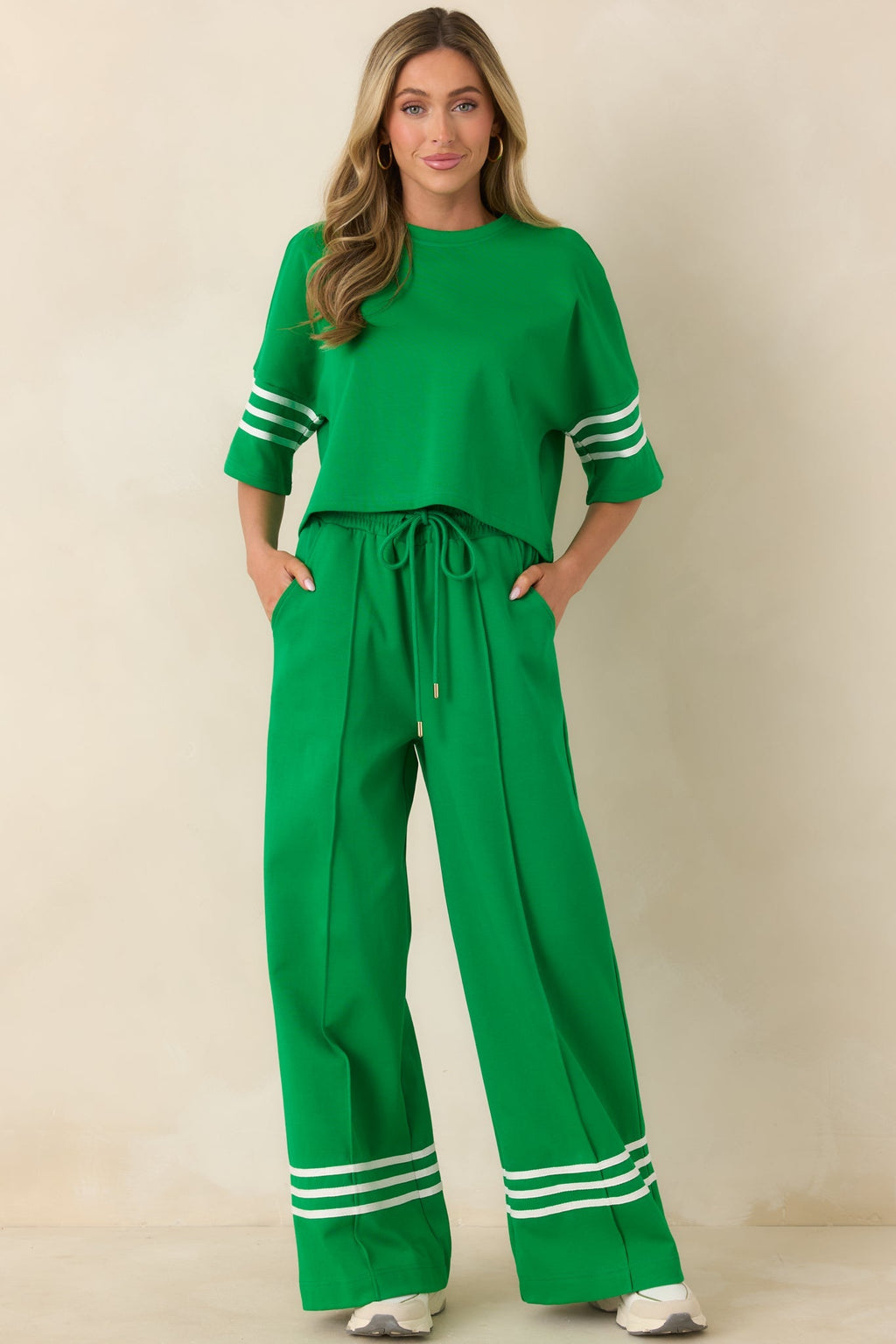 Women's Line & Leisure Green Cotton Blend Contrast Stripe Top | 60% Cotton & 40% Polyester 3