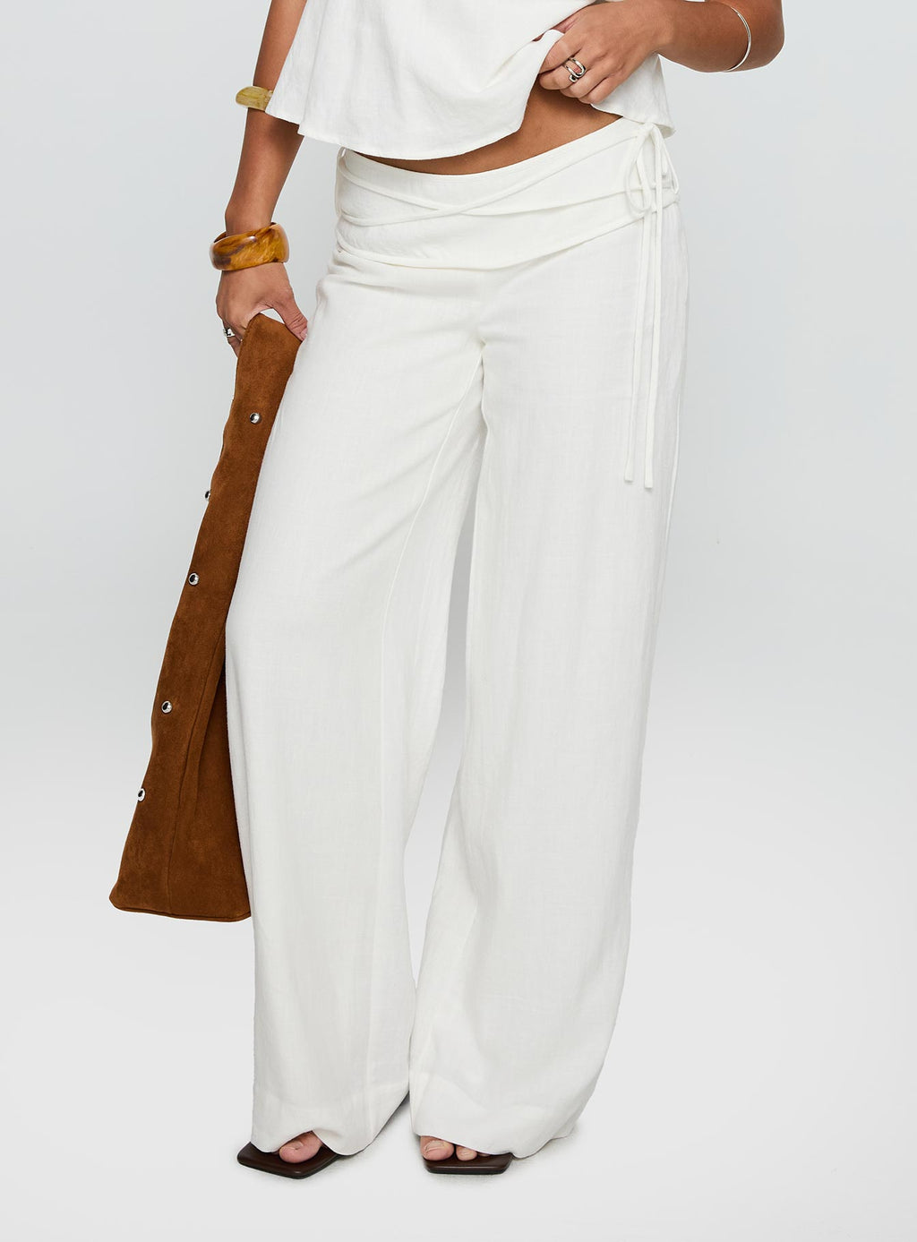 Linen Blend Pants | Wide Leg Design with Folded-Over Waist for Effortless Style