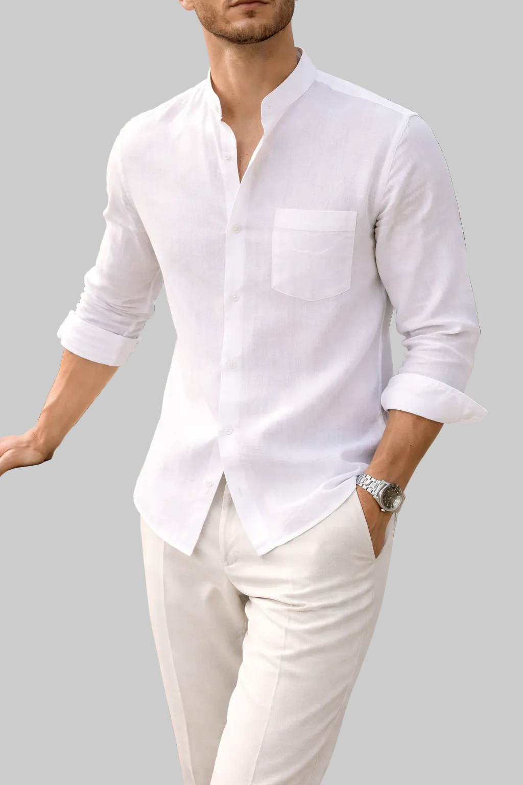Linen Blend Shirt | Men's Grandad Collar Design for Lightweight Comfort | Versatile Smart-Casual Style