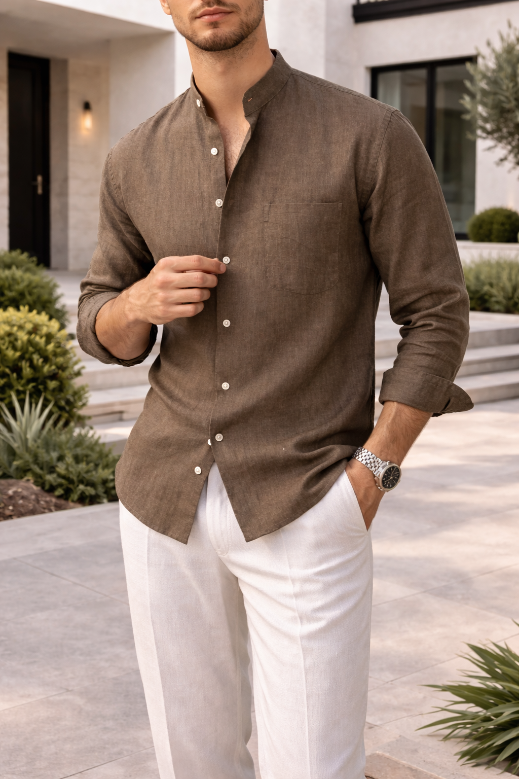 Linen Blend Shirt | Men's Grandad Collar Design for Lightweight Comfort | Versatile Smart-Casual Style