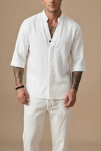 Linen Blend | Men's Two Piece Set with V-Neck Shirt & Drawstring Trousers | Lightweight Comfort for Summer Style