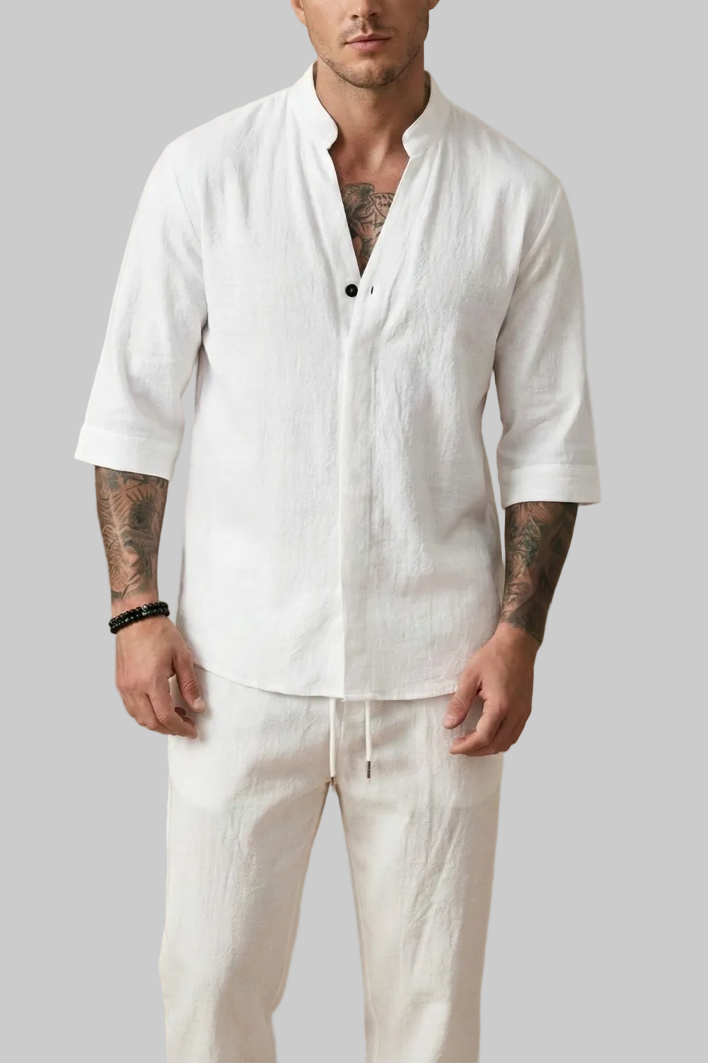 Linen Blend | Men's Two Piece Set with V-Neck Shirt & Drawstring Trousers | Lightweight Comfort for Summer Style