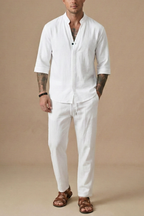 Linen Blend | Men's Two Piece Set with V-Neck Shirt & Drawstring Trousers | Lightweight Comfort for Summer Style