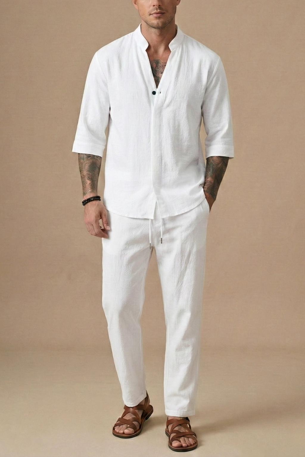 Linen Blend | Men's Two Piece Set with V-Neck Shirt & Drawstring Trousers | Lightweight Comfort for Summer Style