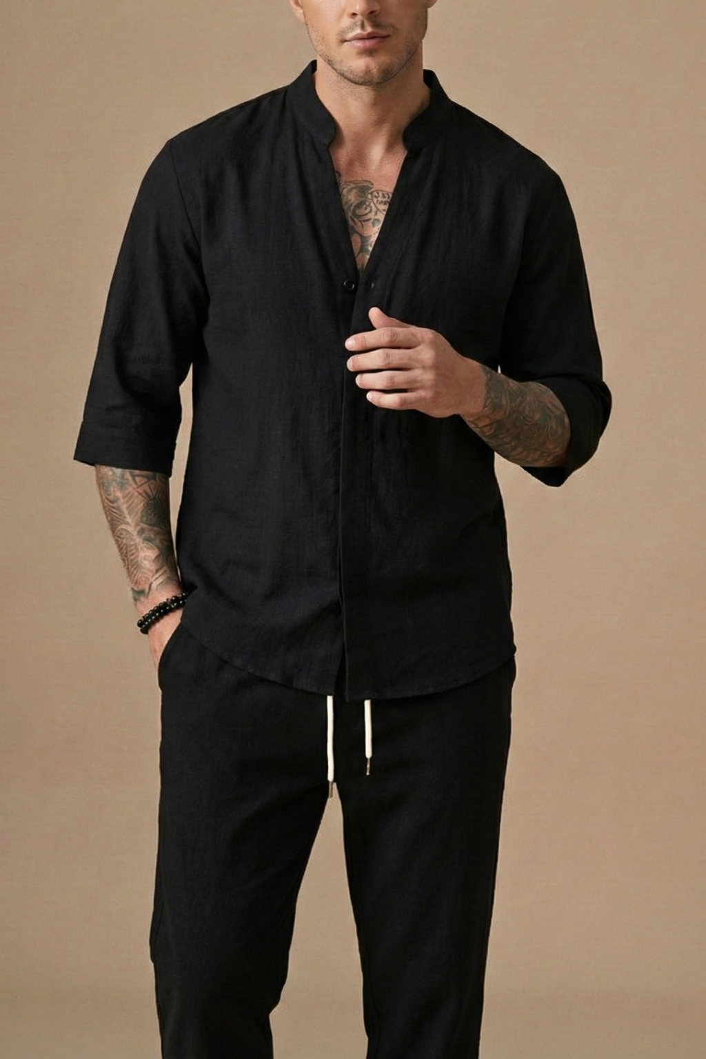 Linen Blend | Men's Matching Set | V-Neck & Drawstring Trousers | Summer Co-Ord
