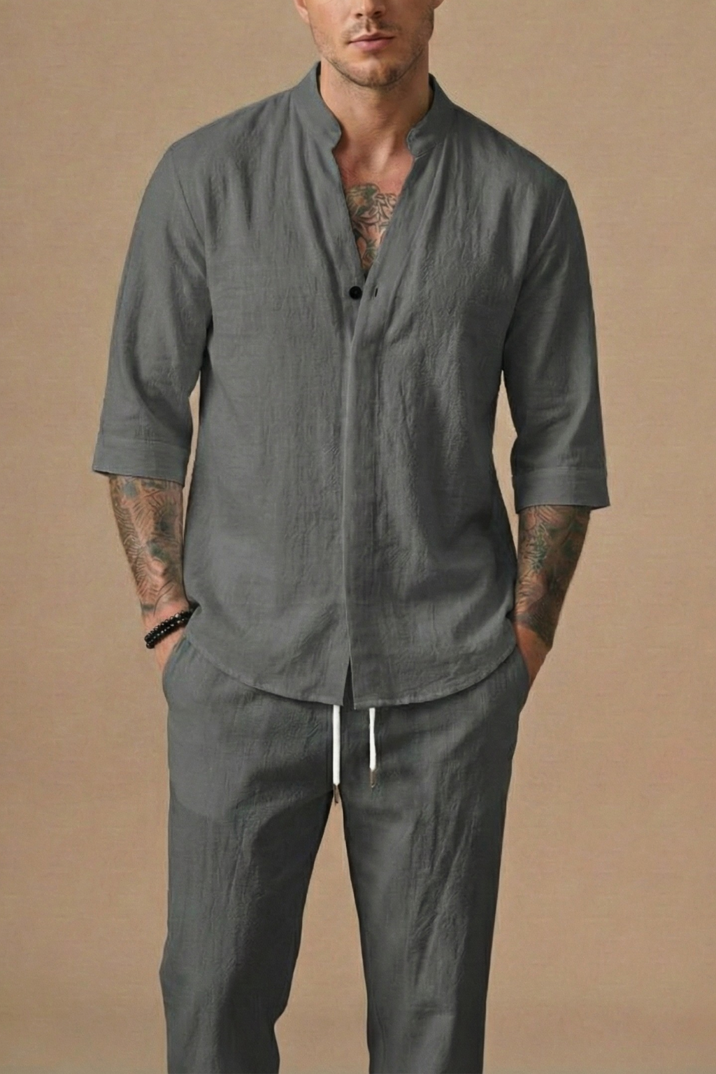 Linen Blend | Men's Matching Set | V-Neck & Drawstring Trousers | Summer Co-Ord