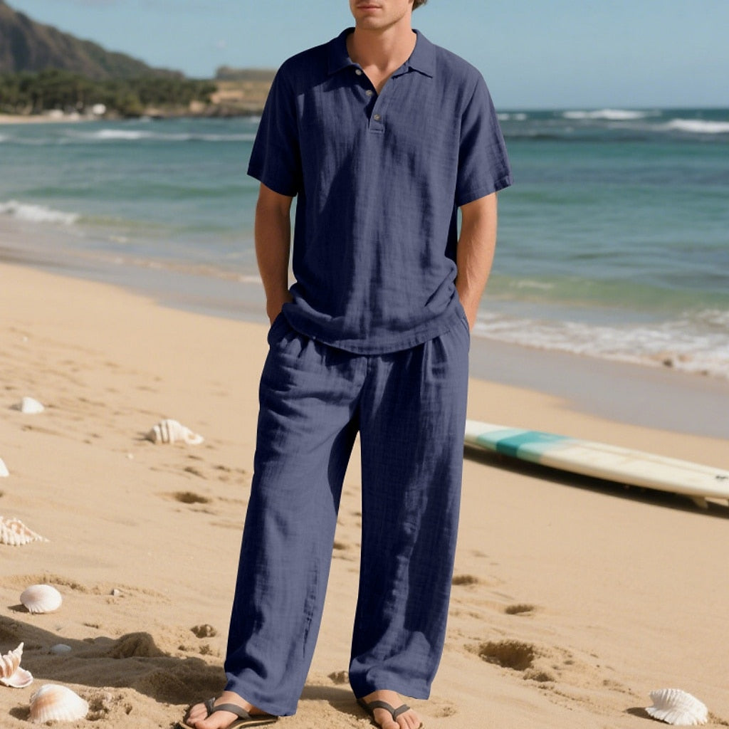 Linen Cotton Two-Piece Set | Men's Clothing with Breathable Fabric | Stylish Casual Outfit for Comfort