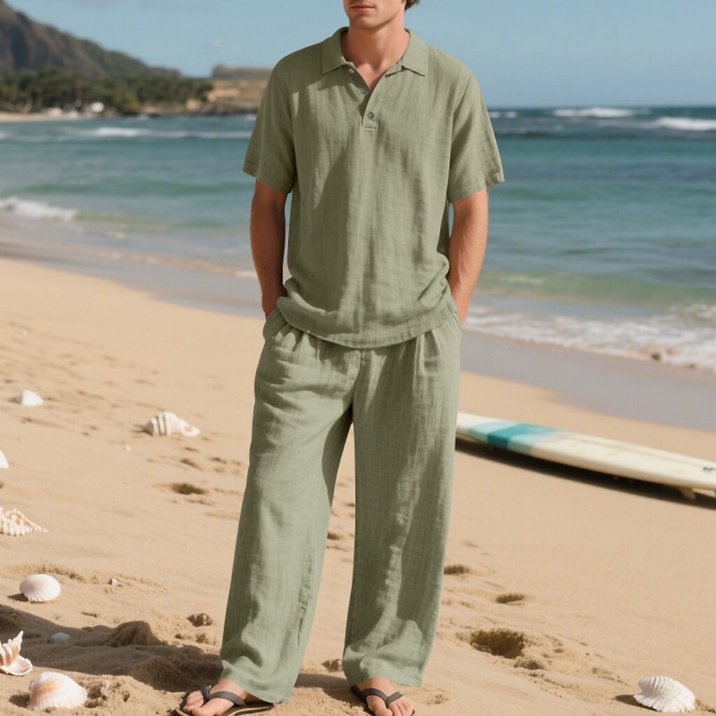 Linen Cotton Two-Piece Set | Men's Clothing with Breathable Fabric | Stylish Casual Outfit for Comfort