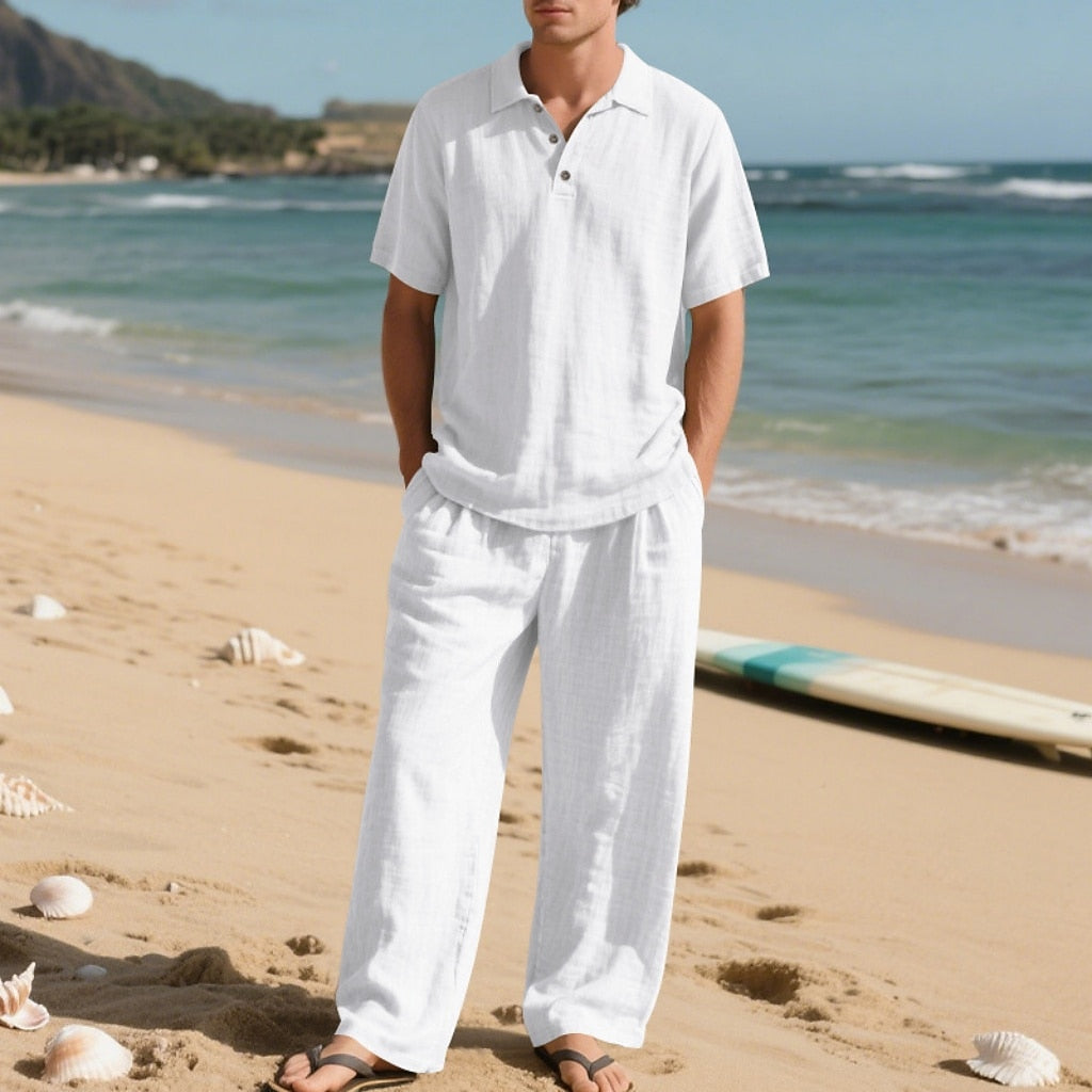Linen Cotton Two-Piece Set | Men's Clothing with Breathable Fabric | Stylish Casual Outfit for Comfort