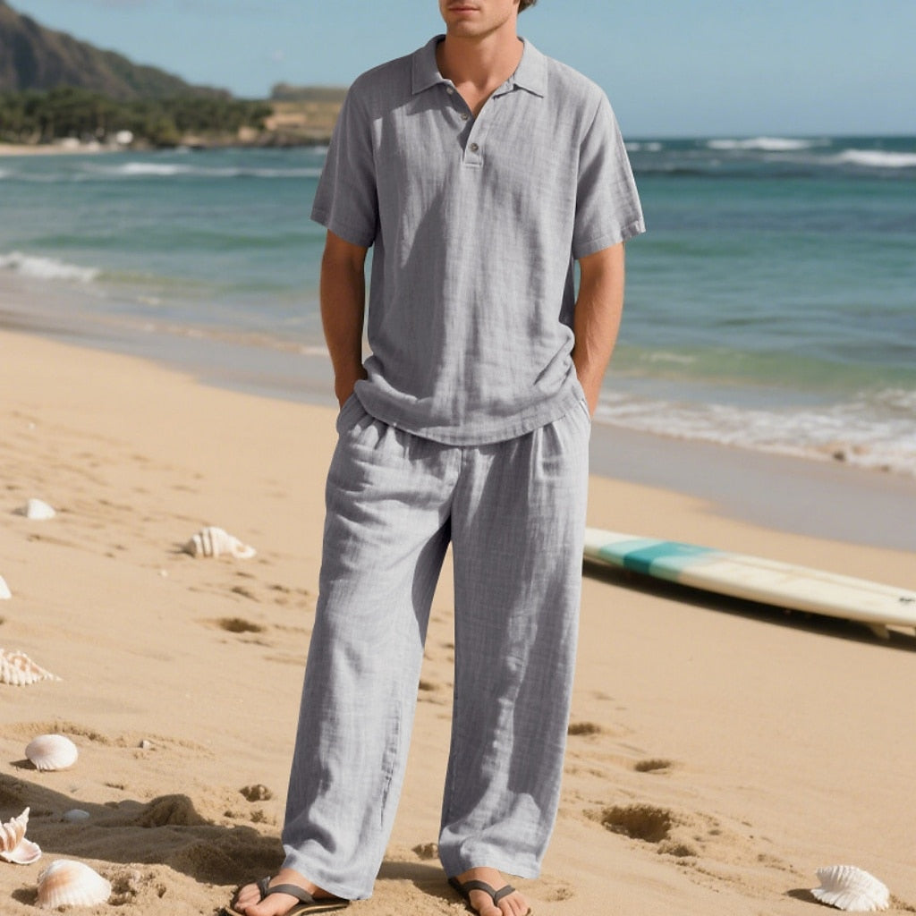 Linen Cotton Two-Piece Set | Men's Clothing with Breathable Fabric | Stylish Casual Outfit for Comfort