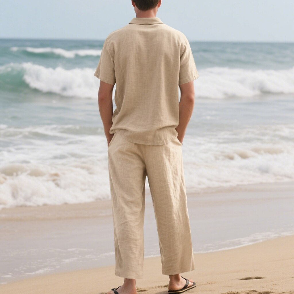 Linen Cotton Two-Piece Set | Men's Clothing with Breathable Fabric | Stylish Casual Outfit for Comfort