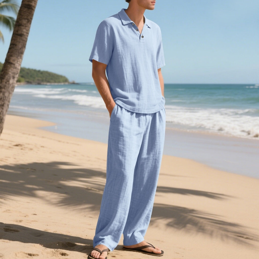 Linen Cotton Two-Piece Set | Men's Clothing with Breathable Fabric | Stylish Casual Outfit for Comfort