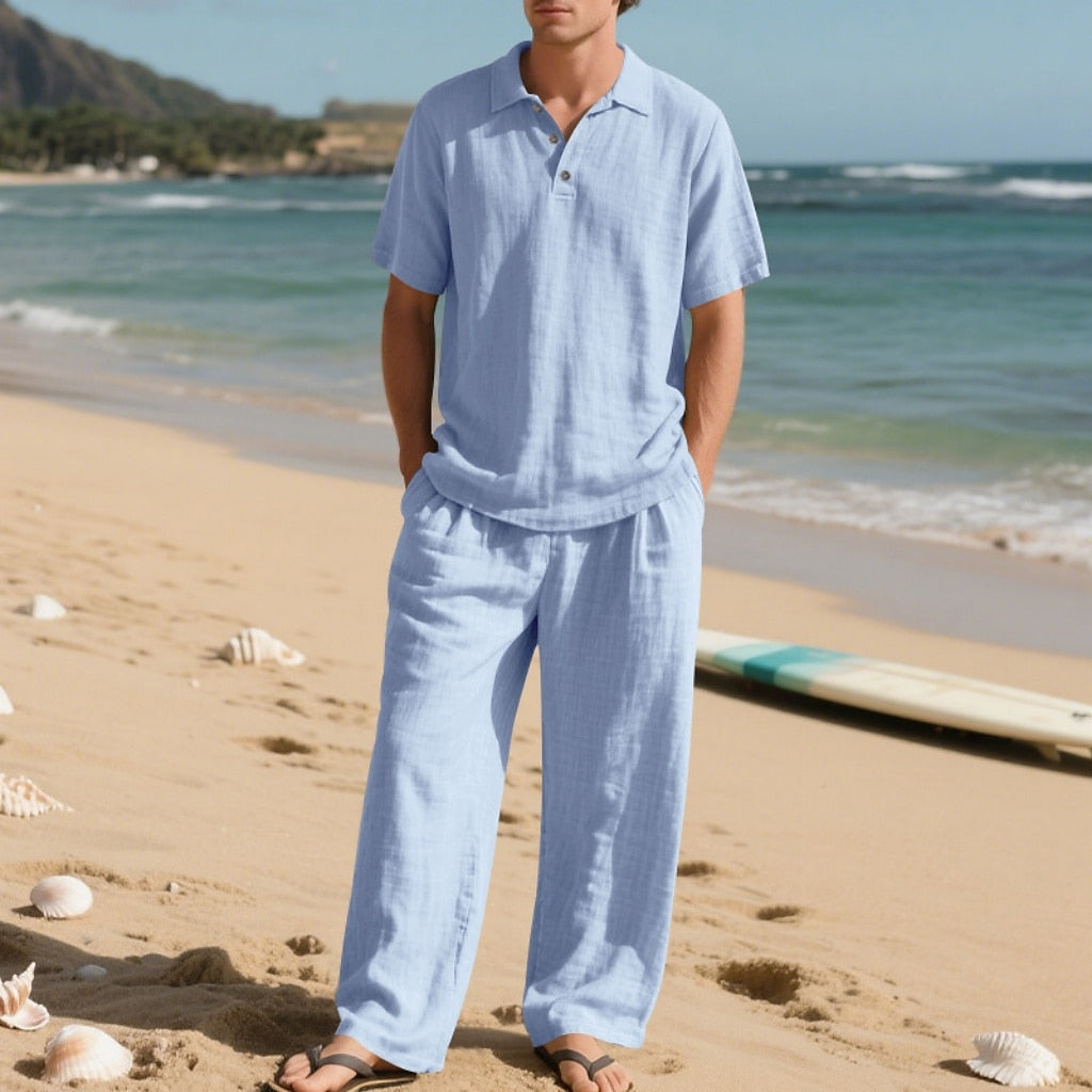 Linen Cotton Two-Piece Set | Men's Clothing with Breathable Fabric | Stylish Casual Outfit for Comfort