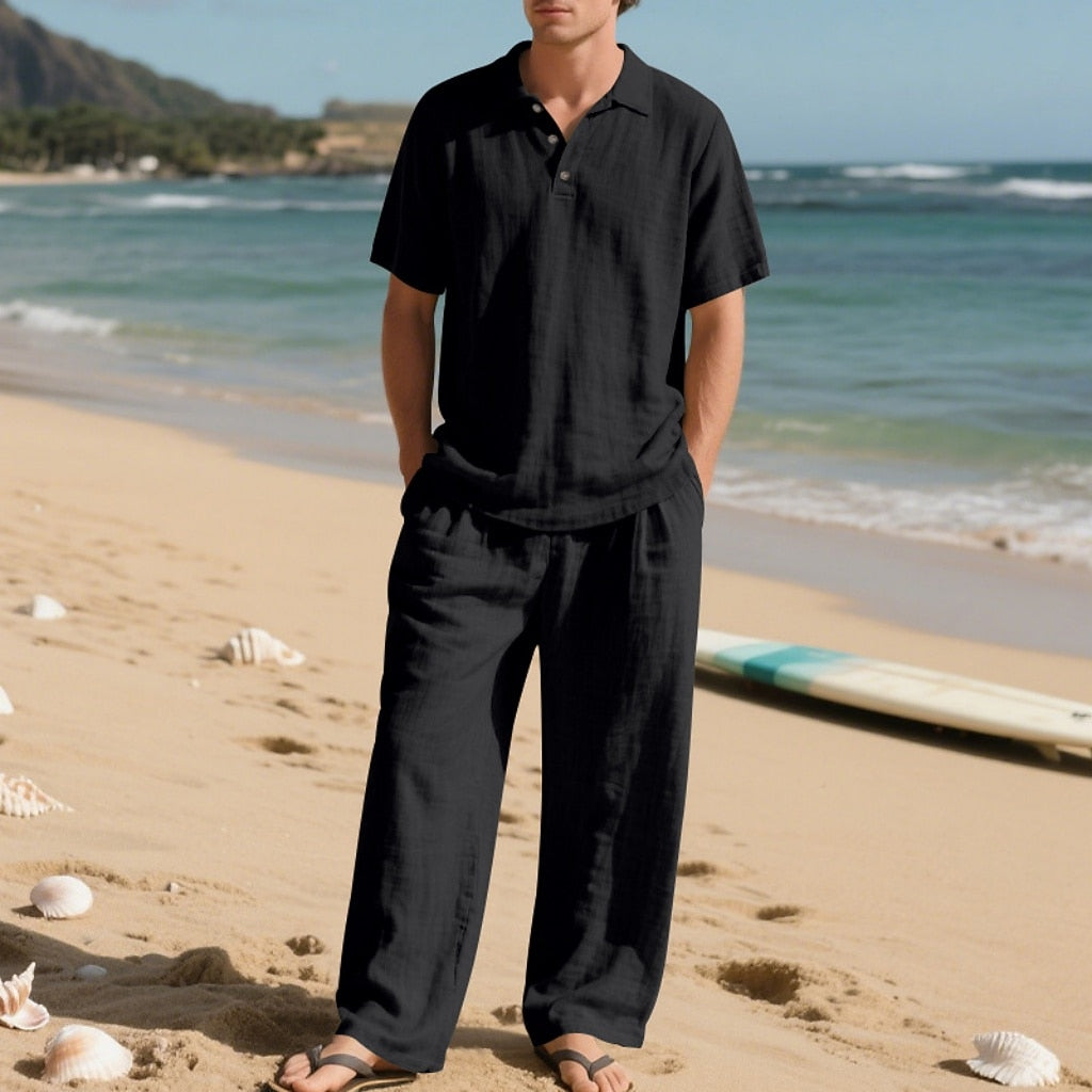 Linen Cotton Two-Piece Set | Men's Clothing with Breathable Fabric | Stylish Casual Outfit for Comfort
