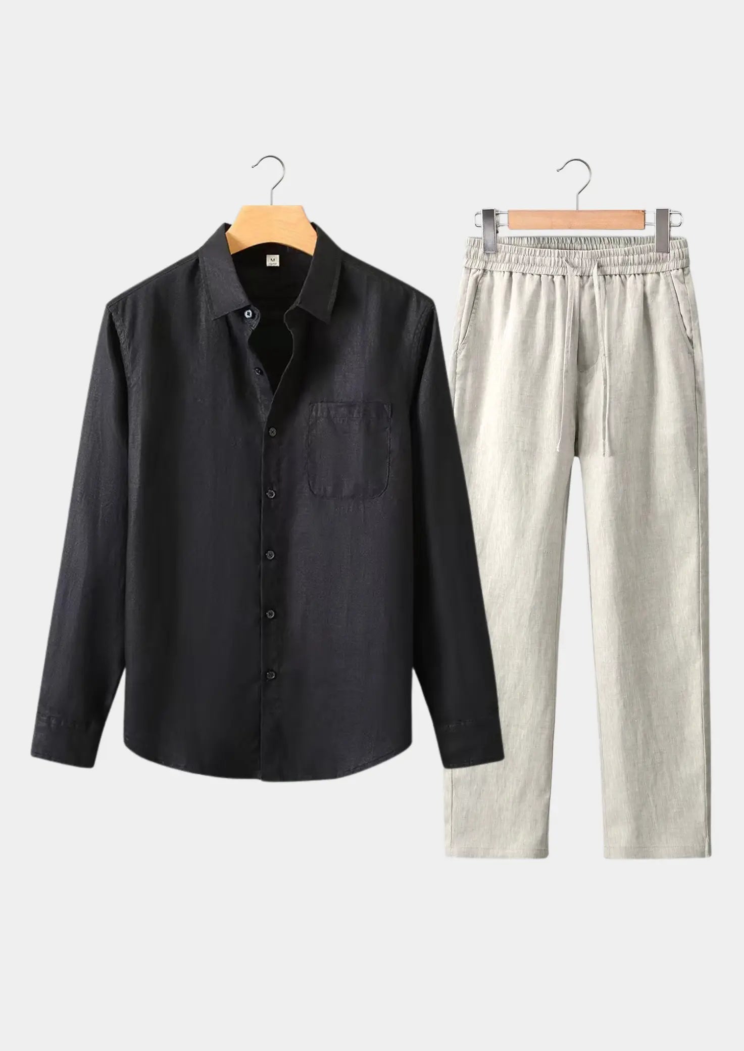 Women's Linen Longsleeve Summer Set - Black/Beige 0