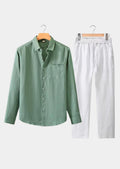 Women's Linen Longsleeve Summer Set - Green/White 0
