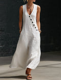 Linen Midi Dress – Sleeveless V-Neck with Pockets – Effortless...