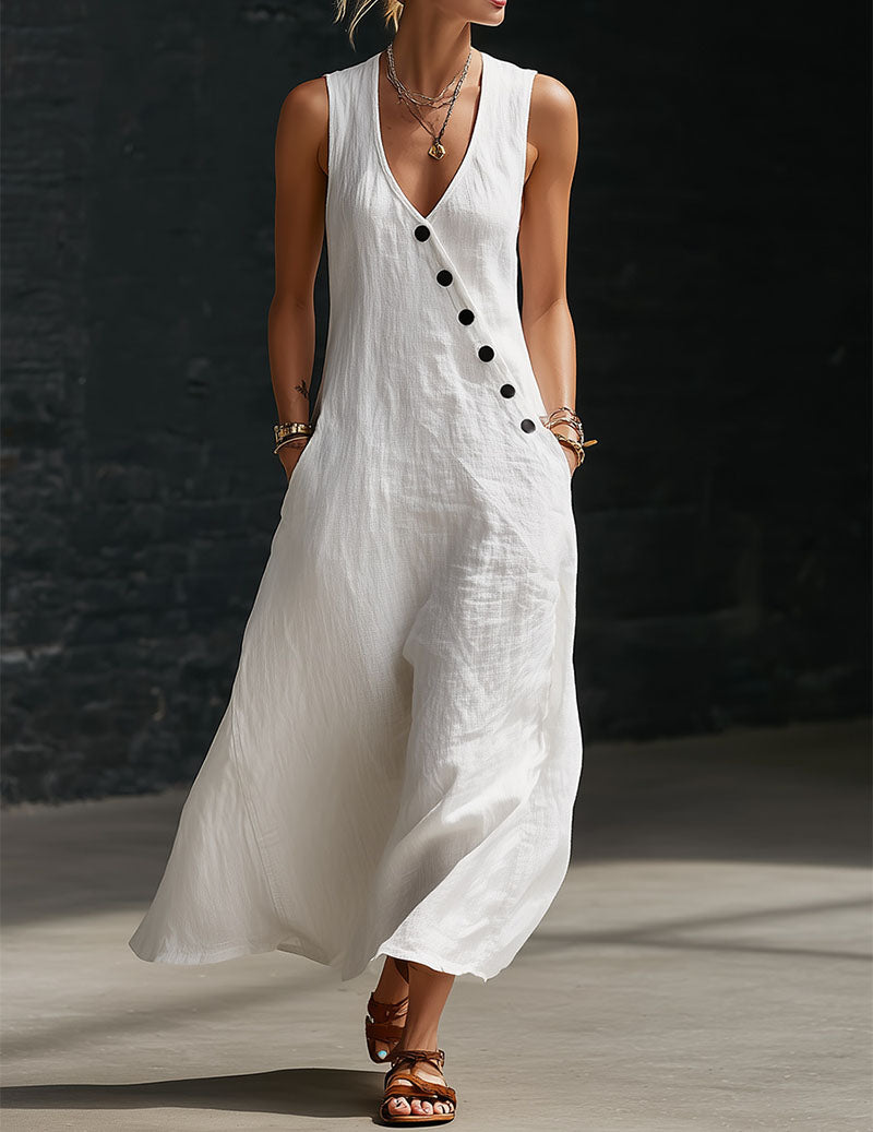 Linen Midi Dress – Sleeveless V-Neck with Pockets – Effortless...