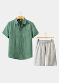 Women's Linen Shortsleeve Summer Set - Green/Beige 0
