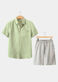 Women's Linen Shortsleeve Summer Set - Mint Green/Beige 0