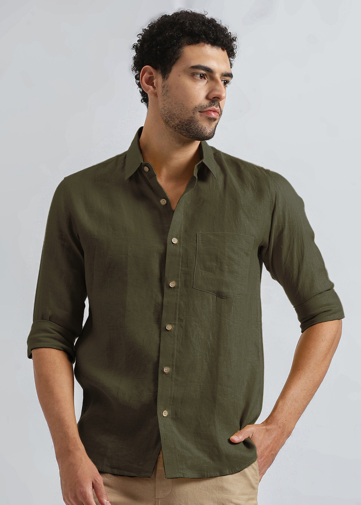 Linen Trail | Men's Dress Shirt in Moss Green with Pure Linen Fabric | Soft, Breathable Design for Everyday Comfort