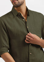 Linen Trail | Men's Dress Shirt in Moss Green with Pure Linen Fabric | Soft, Breathable Design for Everyday Comfort