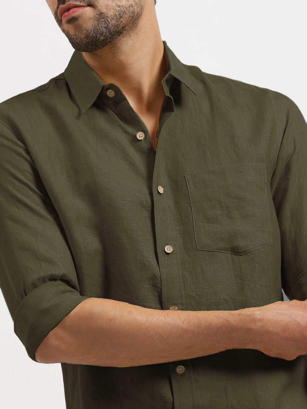Linen Trail | Men's Dress Shirt in Moss Green with Pure Linen Fabric | Soft, Breathable Design for Everyday Comfort