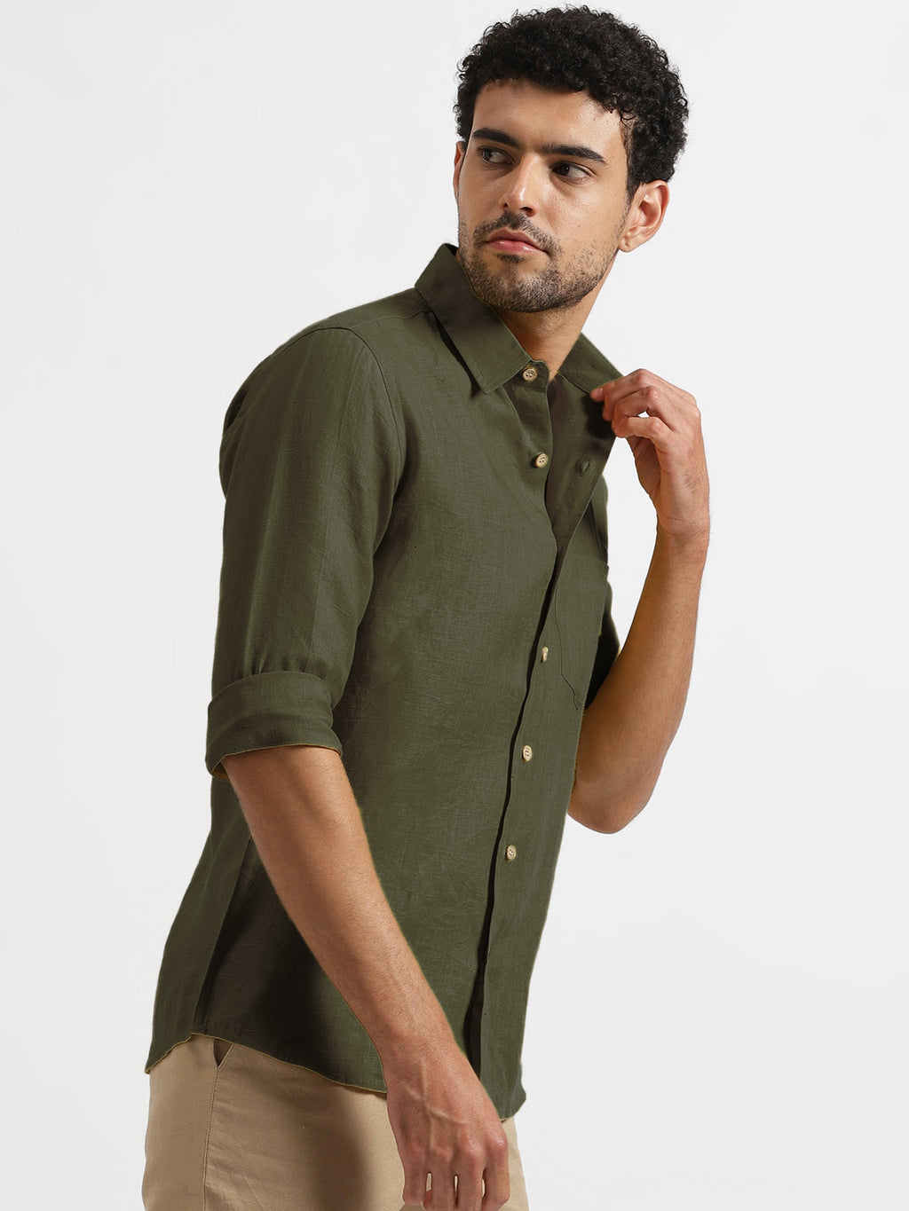 Linen Trail | Men's Dress Shirt in Moss Green with Pure Linen Fabric | Soft, Breathable Design for Everyday Comfort