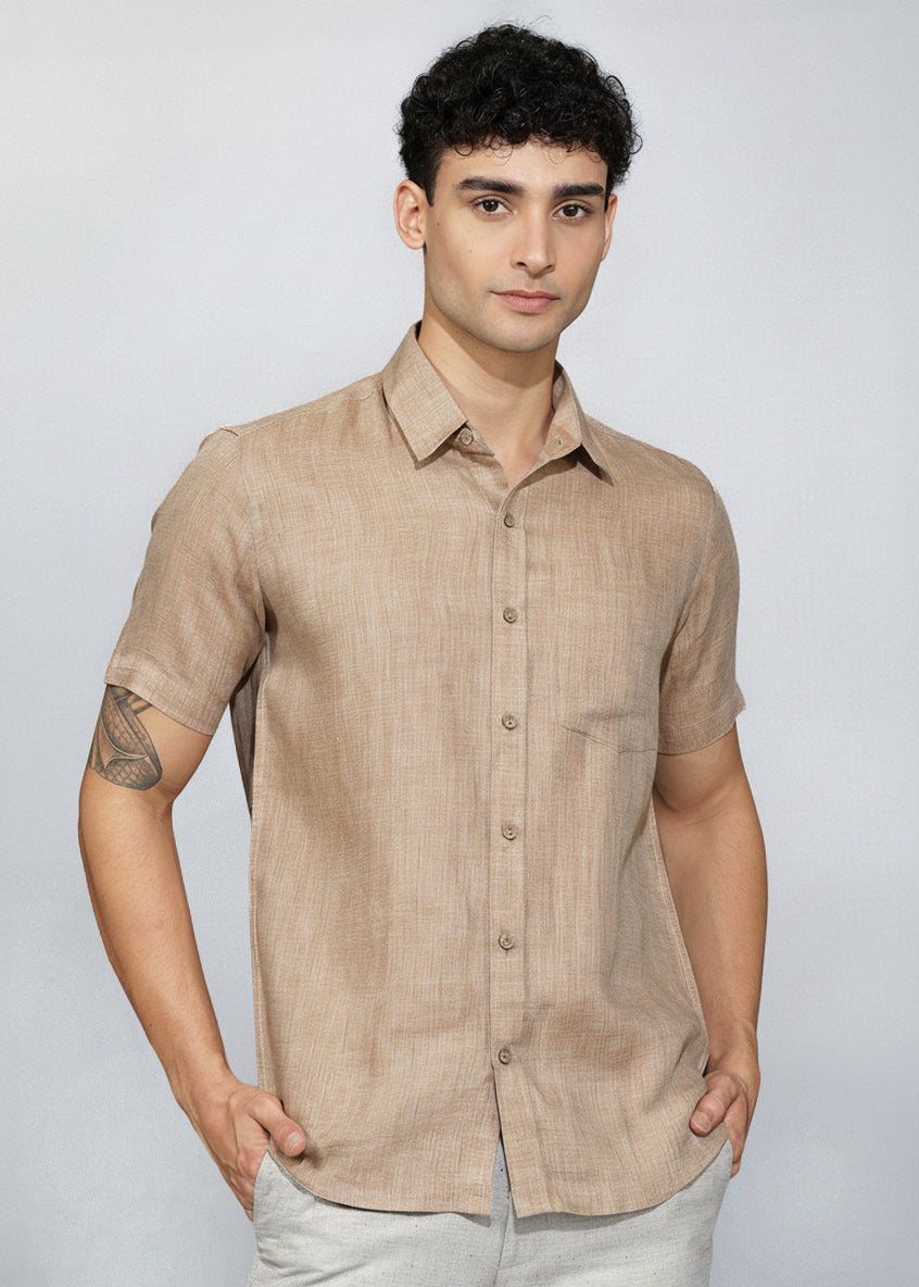 Men's Mocha Half-Sleeve Linen Shirt — Breathable Casual