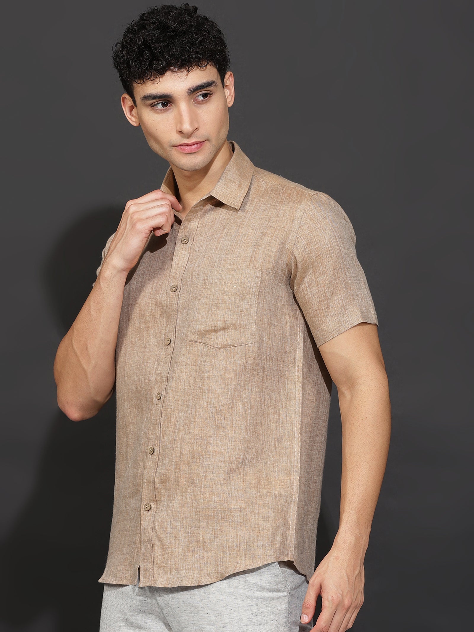 Men's Mocha Half-Sleeve Linen Shirt — Breathable Casual