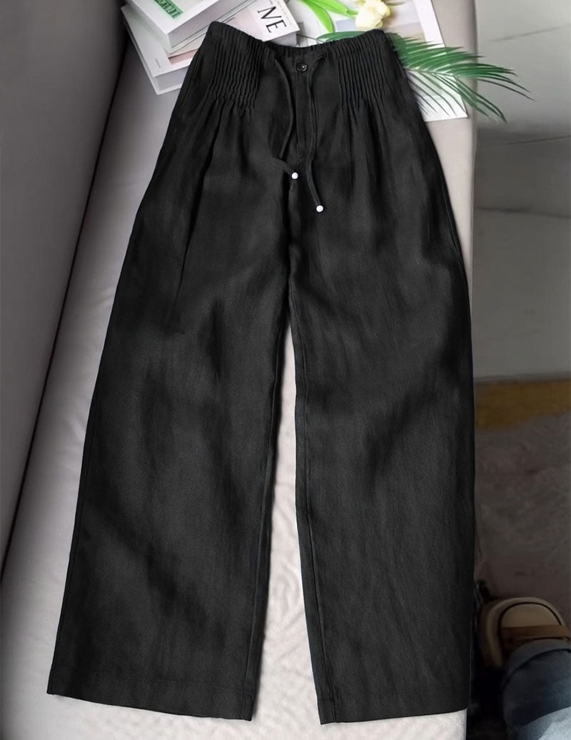 Linen Wide Leg Pants Women – Smocked High Waist Trousers